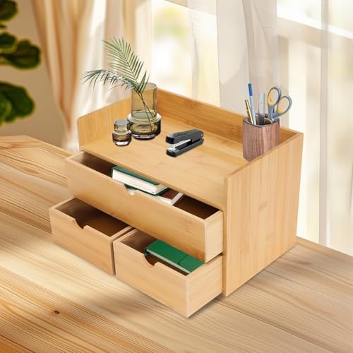 Premium Natural Bamboo Desktop Organizer, Attractive Design 3 Tier, Table Top Storage for Documents & Office Supplies, Accessories And More, No Assembly Required (3 Drawer with Shelf) - Image 7