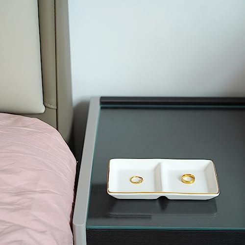 HANKOR Ceramic Jewelry Dish Tray, 2 Compartment Ring Dish, Decorative Trinket Tray for Rings, Earrings, Keys, Birthday Christmas Gifts, White - Image 3