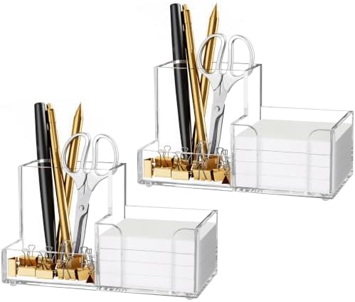 HBlife 2-Pack Acrylic Pen Holder for Desk, 3-Compartment Small Desk Organizer, Clear Office Supplies Desk Accessories with Sticky Notes Holder Stores Post It Notes 3X3 for Office, Home and School by HBlife