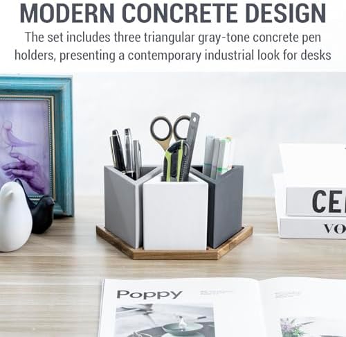 MyGift Modern Concrete Desk Organizer Set with 3 Triangular Gray-Tone Pen Holders and Acacia Wood Tray, 4-Piece Office Storage Solution for Pens, Pencils, and Supplies - Image 3