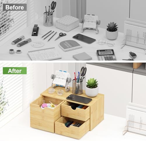 Bamboo Desk Organizer with Drawers, Desktop Storage Box for Office Supplies - Image 5
