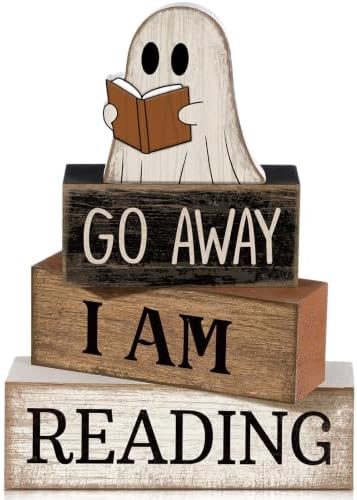 Moucuny 4 Pcs Halloween Table Decor Wooden Ghost Reading Stacked Block Sign by Moucuny