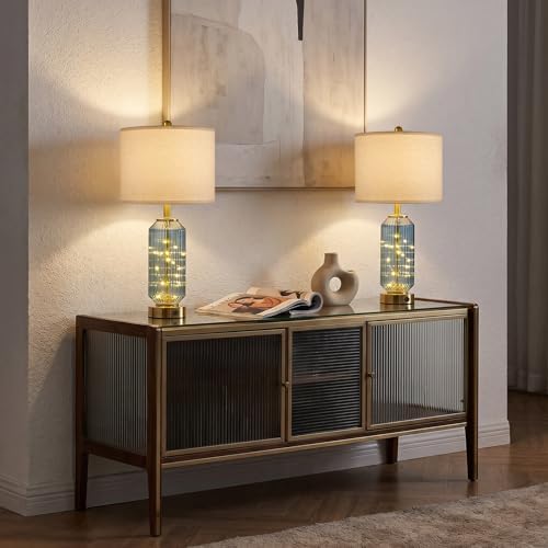 Oneach 24.5" Bedside Table Lamps Set of 2, Blue Coastal Nightstand Lamps with Night Light, USB A+C Charging Ports, Glass Lamps for Bedroom, Living Room, End Table (2 Bulbs Included) - Image 6