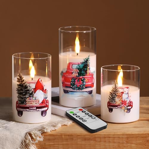 Eywamage Christmas Glass Flameless Candles with Remote, Flickering LED Pillar Candles Holiday Table Decor Gift Set of 3 by EywamageCandles