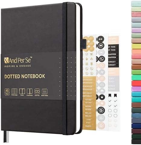 &And Per Se Dotted Journal Notebook, A5 Hardcover Leather Dotted Journal, 160 Pages 100gsm Thick Dot Grid Paper, 3 Sheets of Stickers Included - 5.7'' x 8'' (Black) by AndPerSe