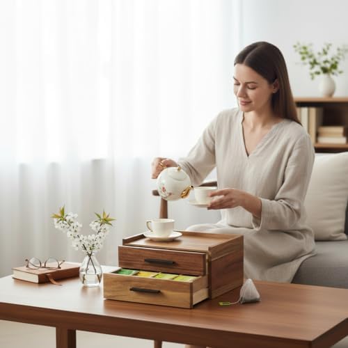 Acacia Wood Tea Bag Organizer with Gift Box, Double-Drawer Tea Box - Tea Accessories for Tea Organizer and Storage Box, Tea Station Chest Caddy for Countertop Cabinet Office(21-Compartment) - Image 7