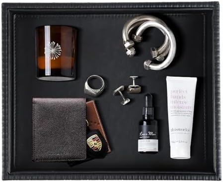 HofferRuffer Faux Leather Vanity Tray, Elegant Desktop Storage Organizer, Decorative Catchall for Perfume, Bathroom Valet, Nightstand or Dresser, 10.2 x 8.4 x 1.8 inches (Black Stripe) by HofferRuffer