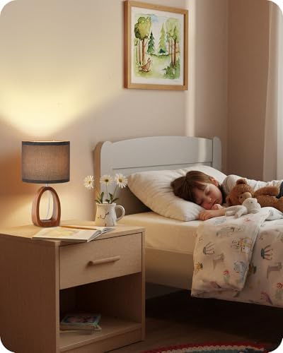 Gray Table Lamp, Small Wood Bedside Lamp with Gray Linen Lampshade & Dark Pearwood Base, Modern Nightstand Lamp for Bedroom, Kid's Room, Cute Desk Lamp with Cable, E26 Socket, LH07TL05 - Image 3