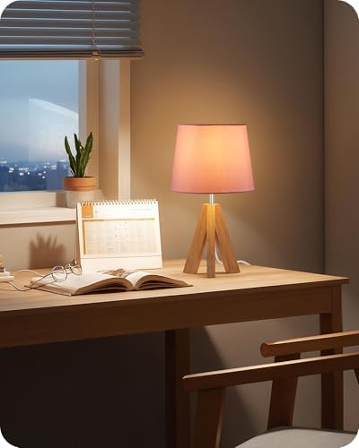 Pink Table Lamp, Small Tripod Table Lamp, Boho Bedside Lamp with Pink Linen Shade & Wood Base, Modern Nightstand Lamps, Little Cute Desk Lamp for Girls Room, Kids Room, Bedroom, P51TL05 - Image 3