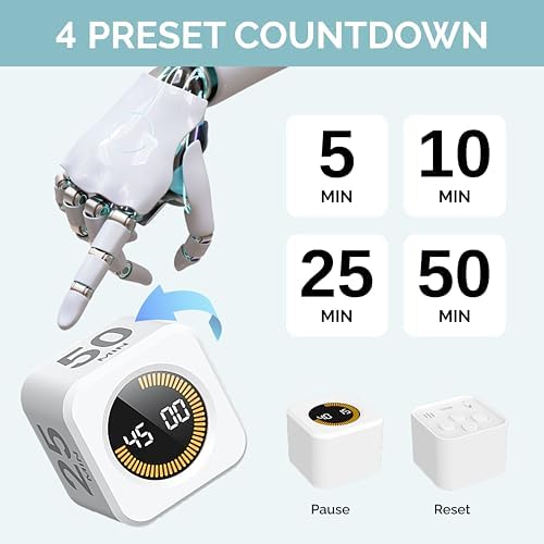 KADAMS Pomodoro Timer Visual - Productivity Pomodoro Cube, 5/10/25/50 Min Countdown & Countup, Silent – Ideal for Work Study Cook Workout Kitchen School Classroom Office Gift Kids (1, White) - Image 2