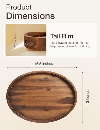 TIDITA Acacia Oval Wooden Serving Tray with Handle, 16.5"x13", Walnut Color - Image 2