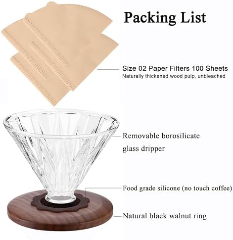 Glass Coffee Dripper with 100 pcs of Size 02 Paper Filter, Borosilicate Glass & Walnut Collar, Pour Over Coffee Maker, 1-3 Cups, Clear - Image 4