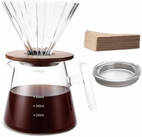Lalord Pour Over Coffee Maker, 20 oz Borosilicate Glass Set with 100 pcs Paper Filter, Walnut Collar & Glass Lid, Drip Coffee Maker, 1-3 Cups, Clear, 600 ml, Petal Shape by Lalord