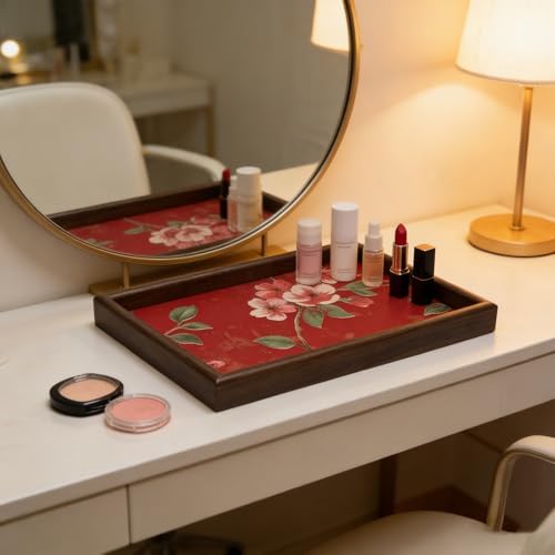 Wooden Valet Tray with Floral Base, Red Vintage Blossoms - Image 4