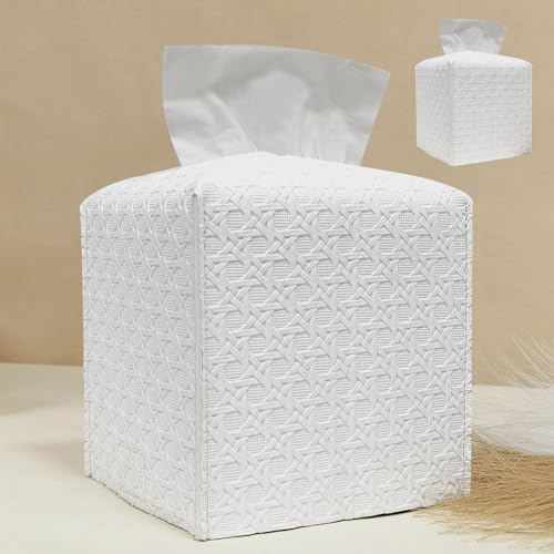 HOMOTEK 2 Pack Tissue Box Cover,PU Leather Tissue Holder,Square Decorative Facial Tissue Cube Paper Organizer Dispenser for Bathroom, Night Stands, Desk, Car 5X5X5'' - Rattan Weave, Pure White by HOMOTEK