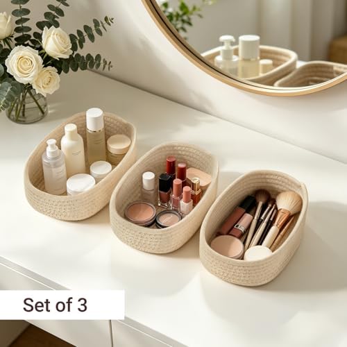 Dahey Mini Woven Storage Baskets for Organizing, 3 Pack Small Oval Beige - Image 7
