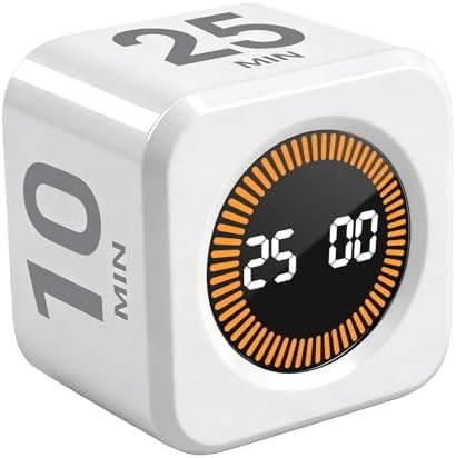 Rotating Timer Cube for Productivity — 5/25/10/50 Minutes Preset, Digital Gravity Sensor Desk Visual Timer for ADHD, Silent Mode, Ideal for Office, Study, Kitchen & Kids (White) by WAFHX