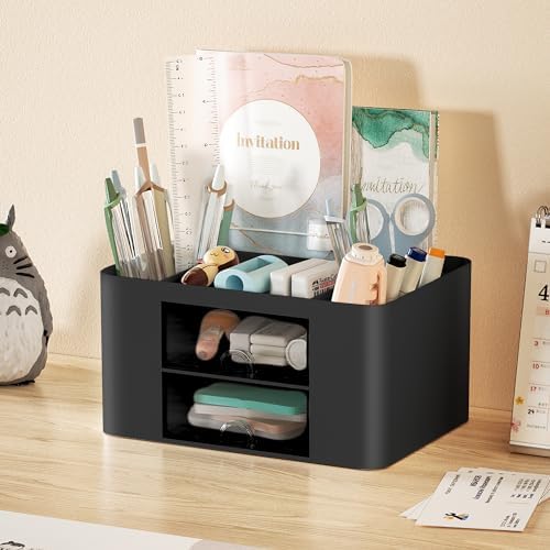Marbrasse Pen Organizer with 2 Drawer, Multi-Functional Pencil Holder for Desk, Desk Organizers and Accessories with 5 Compartments + Drawer for Office Art Supplies (Black) - Image 3