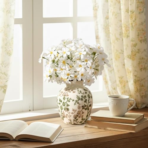 SIDUCAL Ceramic Green and Beige Antique Vase, 5.83 Inch Retro Ice Cracked Chinoiserie Floral Vase, Rustic Farmhouse Vases for Home Decor, Bookshelf, Office, Garden, Chinoiserie Decor, Tuscan Decor - Image 5