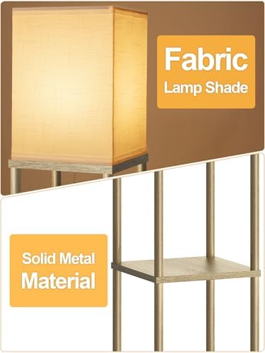 Floor Lamp with Shelves for Living Room Natural Wood, Shelf Floor Lamp with 3 CCT LED Bulb, Corner Display Standing Column Lamp Etagere Organizer Tower Nightstand with White Linen Shade for Bedroom - Image 2