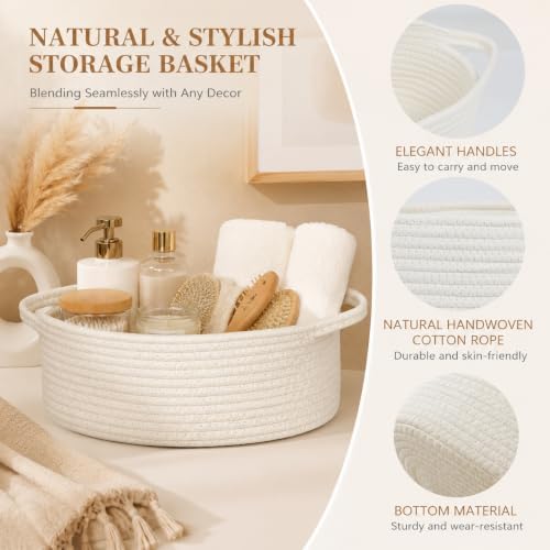 Small Woven Cotton Rope Baskets with Handles, Set of 2, White - Image 4