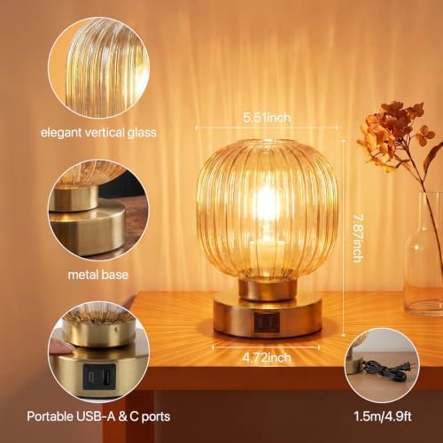 Elenhome Touch Small Table Lamp,Elegant Gold Glass Bedside Lamp 3 Way Dimmable with USB C+A Charging Ports - Bedroom Nightstand & Living Room Essential, 4W Bulb Included (Gold) - Image 5