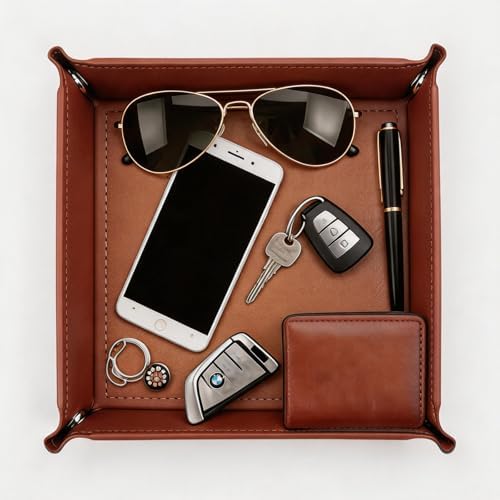 Valet Tray Desktop Storage Organizer – Vegan Leather Catchall Tray Bedside Vanity Tray Nightstand Caddy Holder for Remote Controller, Watch, Keys, Phone, Wallet, Coin, Jewelry, Brown - Image 4