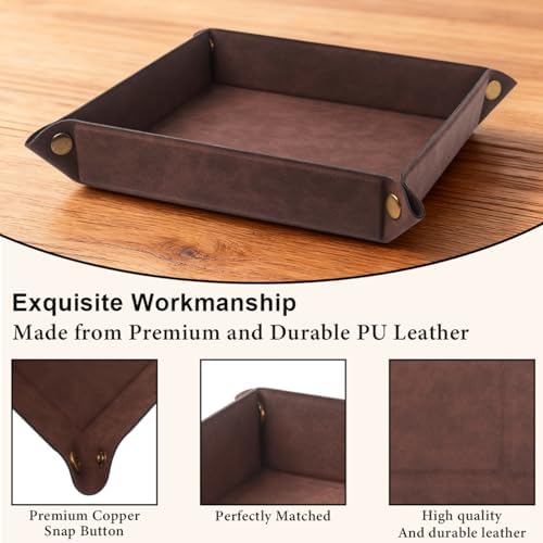 Valet Tray Desktop Storage Organizer – Premium PU Leather Catchall Bedside Vanity Tray Nightstand Caddy Holder for Remote Controller, Keys, Phone, Wallet, Coin, Jewelry,Brown - Image 4