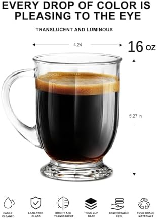 Clear Glass Coffee Mugs Set of 4, Diner Mugs16 OZ, Large Glass Beer Cups with Handle,Bottom Nine-Sided Mug for Men and Women Hot Beverages,Tea, Cappuccino, Latte, Espresso, Juice Mothers - Image 2