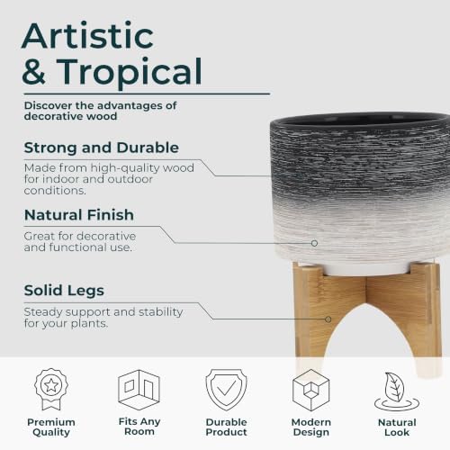 Modern Ceramic Planter with Wooden Stand – Stoneware Plant Pot Holder, Stylish Indoor & Outdoor Home Decor for Living Room, Bedroom, Office, or Garden, Plant Stand Indoor – 6", Gray & White - Image 5