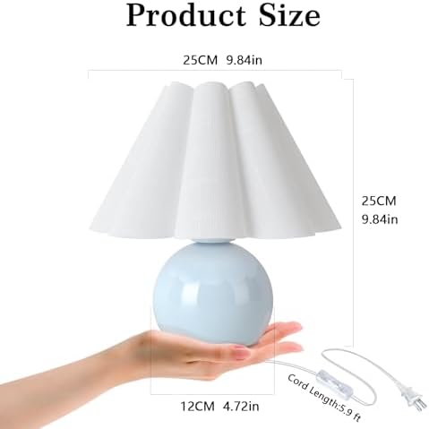 Light Blue Small Bedside Mini Table Lamp for Bedroom, Cute Bedroom Lamps for Nightstand, Cute Mini Table Lamps for Small Spaces with Scalloped Shade for Kitchen Counter, Bookshelf, Kids Dorm, Office - Image 3