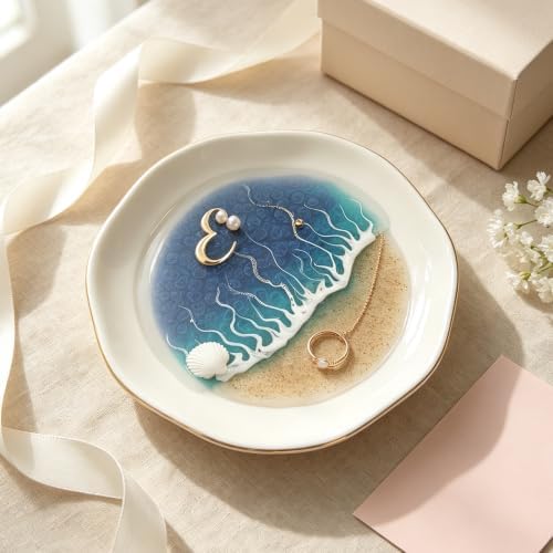 Boho Coastal Decor Resin Tray, Mini Ceramic Ocean Wave Ring Dish, Minimalist Beach Jewelry Holder for Shelf, Bathroom, Bedroom Aesthetic Room Decor (E) by Unknown