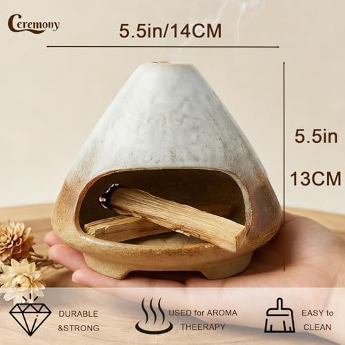 CEREMONY Palo Santo Holder -Mini Ceramic Incense Holder for Palo Santo and Sticks - White Sage Holder for Meditation Decor Ceremony Incense with Glass Gray Collector (Brown-Mount Fuji) - Image 4
