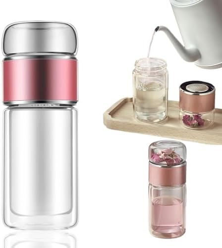 12oz/350ml Double Wall Glass Tea Infuser Bottle, Leakproof Travel Mug with 304 Stainless Steel Filter, Hot & Cold Drinks Tumbler for Loose Leaf Tea, Fruit Water, Home Office Travel (Rose Gold) by UBottey