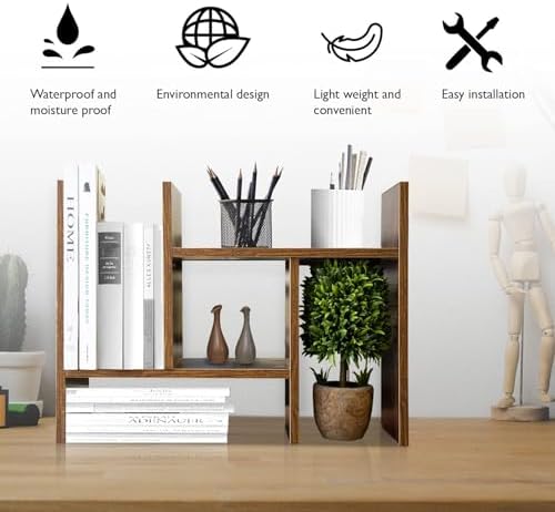 BROWN-BROWN Adjustable Wood Desk Shelf Organizer Office Home Multipurpose Desktop Shelf, Display Shelf Rack Top Mini Bookcase, Free Style Display Desktop Organization - Image 4