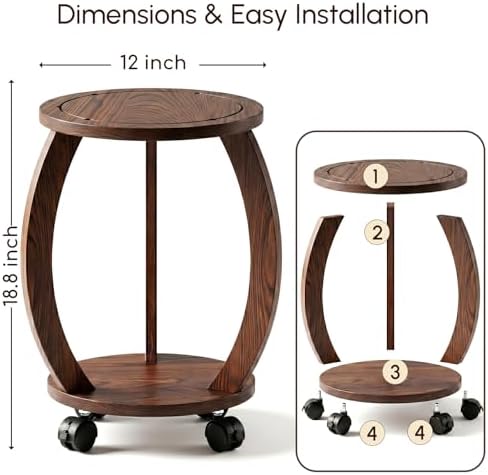 2 Tier Wooden Plant Stand Indoor with Wheels – Tall Plant Stand for 6-12 Inch Pots, Mid-Century Modern Rustic Plant Table Indoor, Pedestal Stand for Corner, Living Room, Balcony, Dark Brown - Image 6