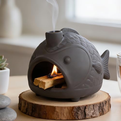 Black Fish-Shaped Palo Santo Holder, Decorative Sage Burner with Chimney by MOUGIGI