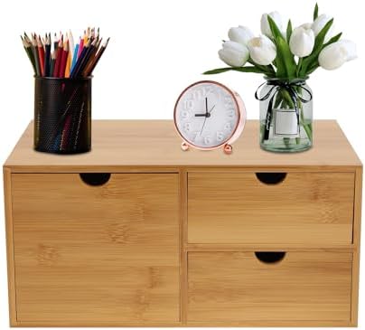 Small Desk Drawer Organizer, Bamboo Mini Desktop Drawer, Wood Tabletop Storage Organizer Box for Office Home Dormitory Toiletries Cosmetics Supplies, No Assembly Required (3 Drawers) by MARTEXBUY