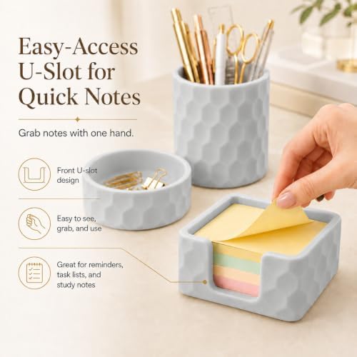 Aesthetic Geometric Silicone Desk Organizer Set of 3,Modern Office Desk Accessories with Round Pen Holder,Paperclip Tray,Sticky Note Holder,Stylish Functional Desk Decor for Home Office(Grey) - Image 4