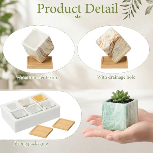 Ziliny 12 Pcs Marbling Ceramic Flower Pot Succulent Small Plant Cactus Herbs Planter Ceramic Pot with Drainage Hole Matte Container (Square Style) - Image 3