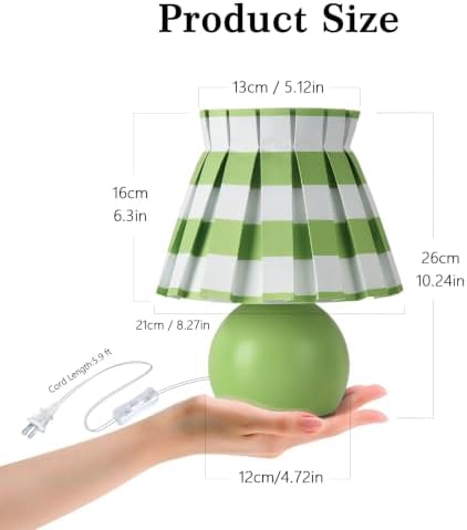 Ziqqeelam Green White Plaid Small Bedside Table Lamp, Round Green Base Nightstand Lamp, Cute Mini Table Lamp with Pleated Shade for Bedroom, Kitchen Counter, Bookshelf, Living Room, Kids Dorm - Image 3