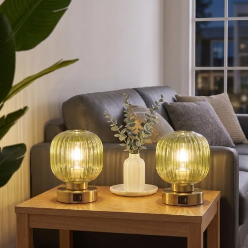 Elenhome Touch Table Lamp Set of 2, 3-Way Dimmable with Glass Shade, USB-C+A Charging Ports, Mid-Century Modern Small Bedside Lamps for Nightstand, Bedroom, and Living Room, LED Bulb Included (Green) - Image 7