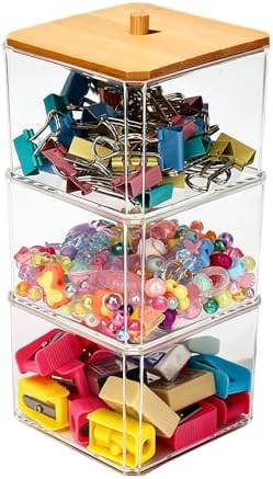 AKAZA Clear paper clip organizer with Bamboo Lid - 3-Layer paper clip holderfor Desk, Vanity, Bathroom, Drawer Storage, Makeup Brush & Qtips Holder, Aesthetic Home Office Supplies (Clear) by AKAZA