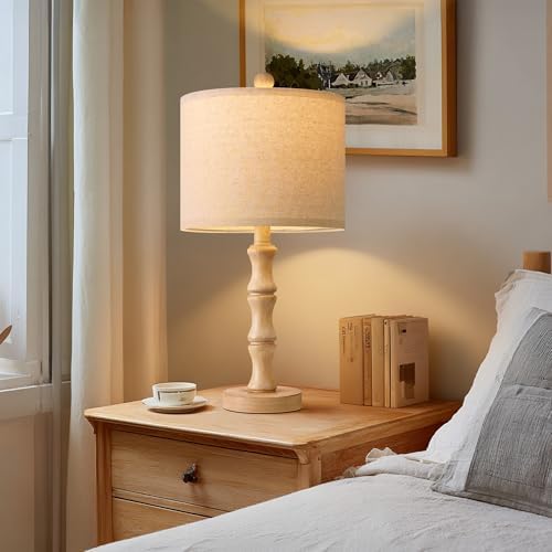 BOBOMOMO 20.5" Farmhouse Table Lamps Set of 2, Rustic Nightstand Lamps with Wood Grain Resin Base & Linen Shade, Small Bedside Lamps for Bedroom, Living Room, Apartment Side Table & Small Spaces - Image 2