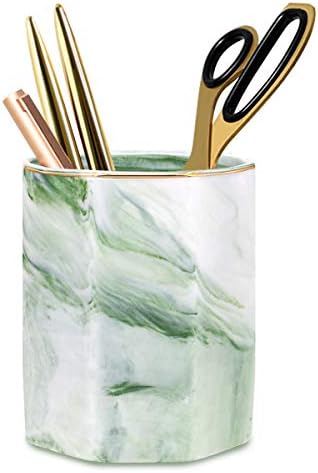 Pencil Holder, Pencil Cup for Desk, Makeup Brush Holder Cup, Cute Pencil Stand Marble Decorative for Kids Durable Ceramic Desk Organizer for Office, Classroom, Home, Antique Green Marble by WAVEYU