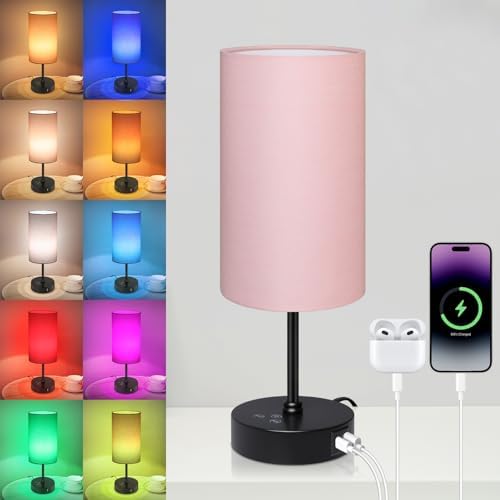 Unicozin Table Lamp for Bedroom, 3 Color Temperatures, 7 RGB Colors, Adjustable Brightness, Dual USB Charging Ports, Ambience Nightstand Light with Pink Shade, Desk Lamp for Kids Reading Home Office by Unicozin