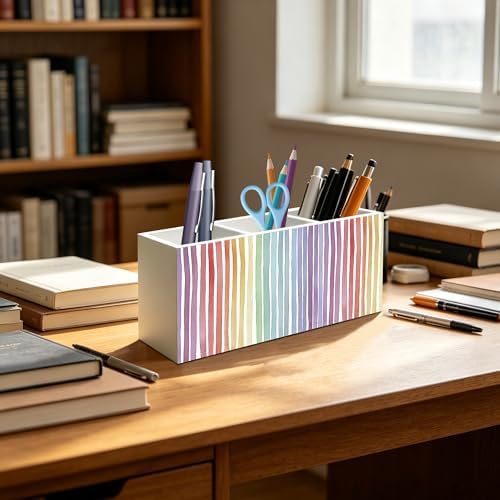Boho Rainbow Striped Pen Pencil Holder Organizer for Office Classroom Desk Decor Accessories, Watercolor Colorful Rainbow Wood Signs Makeup Brush Toothbrush Holder for Bathroom Vanity - Image 4