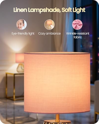 Pink and Gold Table Lamp, Small Bedside Lamp with Metal Base & Pink Linen Lampshade, Modern Nightstand Lamp, Little Cute Desk Lamp for Girl Kid's Room, 2700K LED Bulb Included, DP06TL05 - Image 6