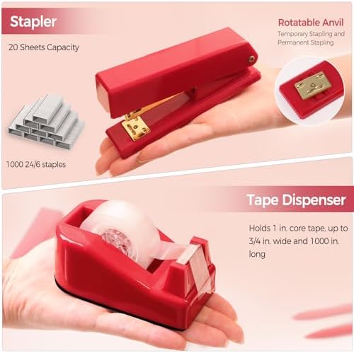 SKYDUE Red Office Supplies Set, Pencil Holder for Desk, Stapler, Tape Dispenser, Scissors,Clips and 1000pcs Staples, Office Decor for Women, Red Desk Accessories - Image 2