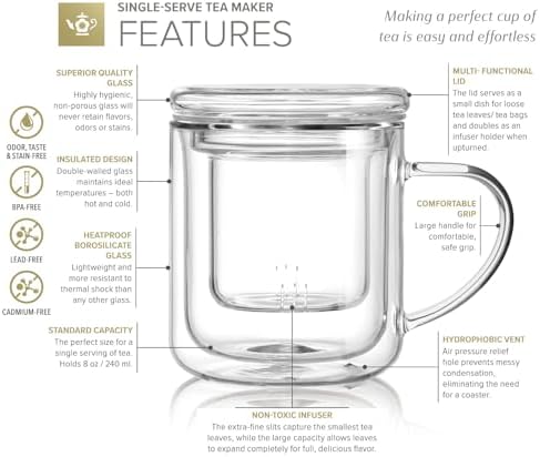 Teabloom Heatproof and Insulated Borosilicate Glass Tea Cup with Infuser for Whole-Leaf Loose Tea – Tea Purist's Choice – Wellbeing Double-Walled Infusion Mug with Lid (8 oz) - Image 4